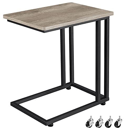 Yaheetech Side Table with Wheels and Footpads, Rolling Slim C Shaped End Table, Mobile Bedside Table for Small Space/Living Room/Bedroom, Gray and Wood Top, Slides Up to Sofa/Chair/Recliner