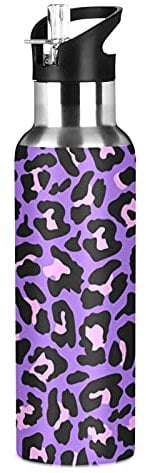 xigua Water Bottle with Straw Lid Leakproof Vacuum Insulated Stainless Steel Purple and Pink Leopard Print Sport Water Bottles 20 oz