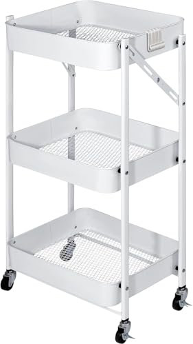 T-LoVendo Carro almacenaje Auxiliar Cocina o baño Plegable con Ruedas. Carrito Ahorra Espacio, Estrecho. 3 cajones de Malla metálica. Multiusos. Blanco