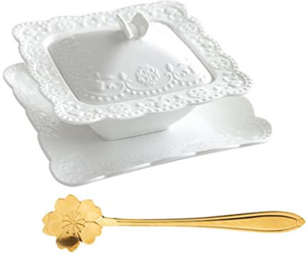 Cabilock Keramik Suppentopf Suppenschale Suppenterrine Suppentasse: 3 Stücke Porzellan Terrine mit Löffel Untertasse Deckel Topf Pudding Nudelsuppe Schüssel Müslischale Dessert Schälchen Baby Nahrung