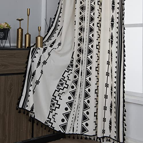 Sutuo Home Rideau bohème noir et blanc de 213 cm de long pour chambre à coucher, imprimé géométrique en coton et lin avec passe-tringle chic semi-occultant pour décoration de fenêtre, 1 panneau de 150