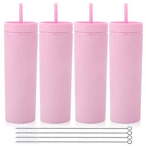 Volhoply 20oz Plastic Skinny Tumblers Bulk 4 Pack,Double Wall Tumbler with Lid and Straw,BPA Free Matte Acrylic Water Cups for Parties(Pink, 4 Set)
