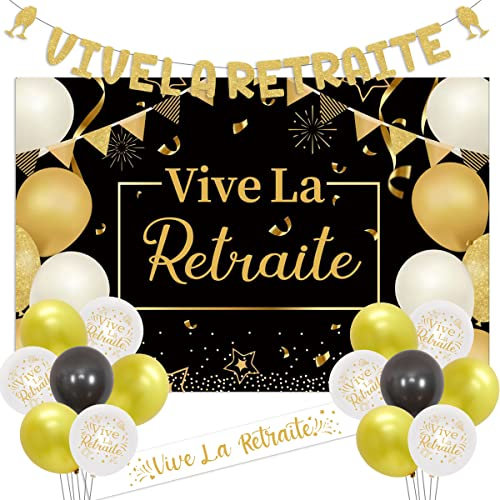JOYMEMO Partydekorationen für den Ruhestand, Vive La Retraite Banner und Satin-Schärpe, schwarz-gold, Hintergrund für Männer und Frauen, Happy Retirement Supplies