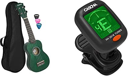 CASCHA Sopran Ukulele Set für Kinder und Erwachsene I Starter Kit Mit 3 Plektren, Tasche & Stimmgerät für Gitarre, Bass, Geige I Digital Stimmer, Clip-on Guitar Tuner, Schwarz