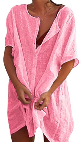 RITOSTA Camisas Mujer Largos Vestido Playa Verano Camisa Suelta de Bikini Cover Up Traje de Playa para Mujer Vestido de Playa Casual Blusa Camisolas Playeras Suelto Pareos Color Sólido (Rosa,L)