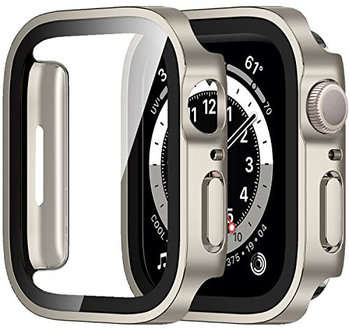 Amizee 2 Stück Hard Hülle Kompatibel mit Apple Watch Series 9/8 Series 7 45mm Schutzhülle mit Tempered Glass Displayschutz, Ultradünn Kratzfeste Schutzhülle für iWatch 45mm (Sternenlicht)