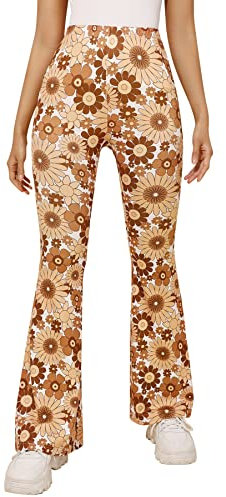 Damen 70er Jahre Schlaghose - Hippie Bunte Blumen High Waist Hose Disco Kostüm Abba Outfit Fasching Karneval Festival Rave Pants Flower Power Kleidung Leggings(Sandy, S, 10501w)