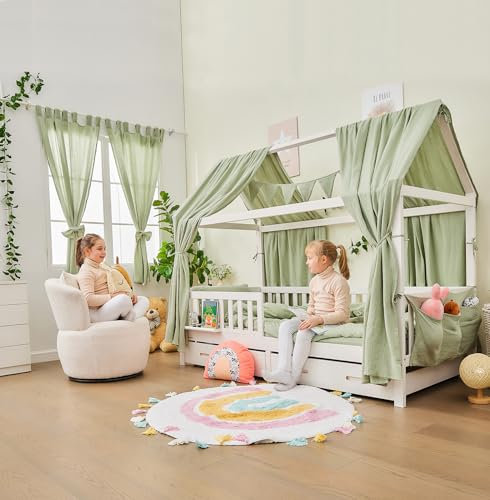 ALAVYA HOME® Vorhang Komplett Set mit Hausbett DEKO I Schlaufen (2 St) 100% Bio-Musselin Baumwolle I Vorhänge 100 x 150 cm Kurz 2er-Set für Kinderzimmer (Baumwolle, Khaki)