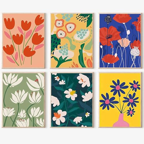 YALKIN Lot de 6 kits de peinture par numéros pour adultes, acrylique et à l'huile, fleurs sur toile sans cadre, moderne, unisex, toutes saisons
