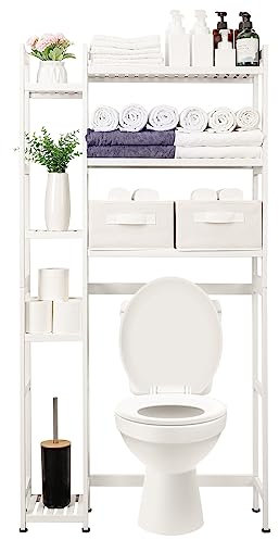 Yorbay Estantería para inodoro con 2 cestas, estantería de baño de bambú, ajustable de 3 niveles, con almohadilla impermeable para los pies, multifuncional, ahorra espacio, fácil montaje (blanco)
