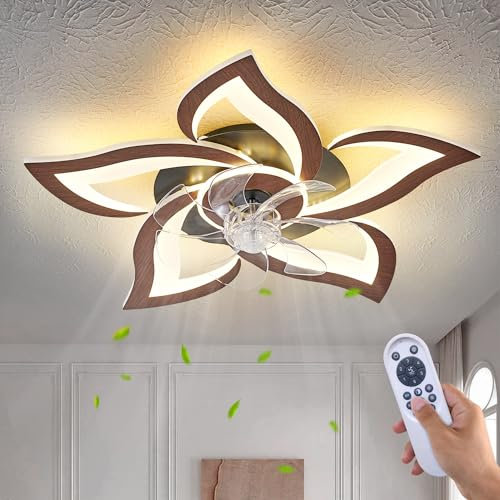 Dalouguan - Deckenventilator mit ferngesteuerten Lichtern, geometrischer Deckenventilator aus Holz mit Licht, 3 Lichtfarben 6 Geschwindigkeiten, Deckenventilator mit niedrigem Profil für