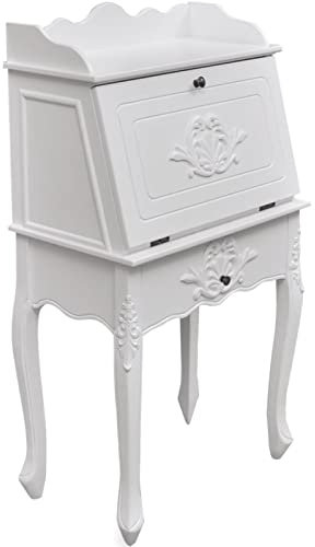 Homgoday Französischer Landhaus-Sekretär mit aufklappbarer Arbeitsfläche - MDF/Kiefernholz - Weiß - 60x36,4x111 cm - Büroeinrichtung Model241735