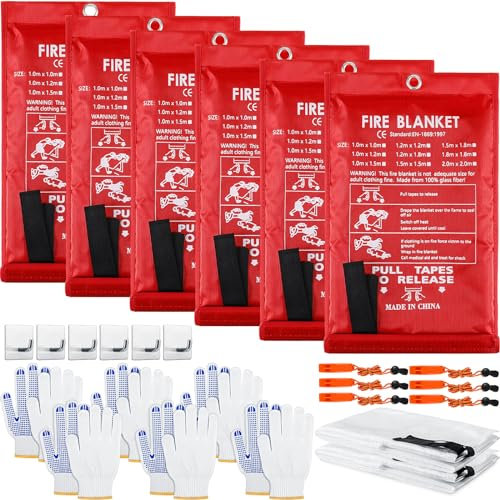 Copkim 6 Stück Notfall Löschdecke Feuerlöschdecke Thermodecke Feuerdecken mit 6 Notfallpfeifen, Haken und Handschuhen für Zuhause, Küche, Kamin, Auto, Büro, Lager