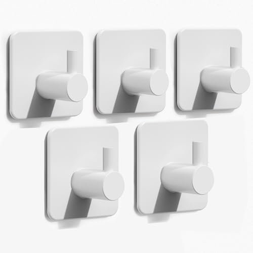 Auxmir Ganchos Adhesivos para Pared 5 Piezas, Acero Inoxidable, Colgador Toallas sin Taladro, Autoadhesivo Extrafuerte, Colgador Adhesivo para Baño Cocina Albornoz Trapos, Blanco