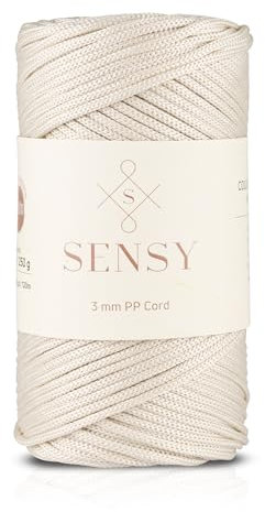 Sensy Premium 3 mm 130 Yards Polyester-Seil, 100 % Polypropylen, Makramee-Schnur, 3 mm, Häkelnadel, Makramee-Seil, Häkelgarn, Geschenk für Stricker, Ecru)