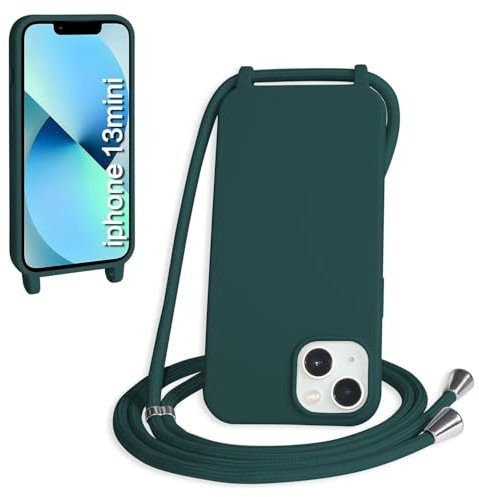 SLWYF Compatible with iPhone 13 Mini Crossbody Lanyard Case, Liquid Silicone Protective Phone Case with Strap Adjustable Neck Cord Necklace Soft Cover for iPhone 13 Mini, Dark green