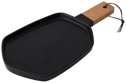 MAGICVOGEL Assiette de service, avec poignée en bois, en céramique, pour petit-déjeuner, steak, salade, 30,7 x 15,3 x 2,2 cm, pour cuisine, restaurant, salle à manger, café (noir)