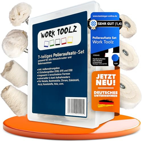 WORKTOOLZ® 7 teiliger Polieraufsatz Akkuschrauber und Bohrmaschinen + Aufbewahrungsbox - Perfekt für Edelstahl, Alu, Auto- und Motorradpflege - Inkl. 6-kant Aufnahmedorn