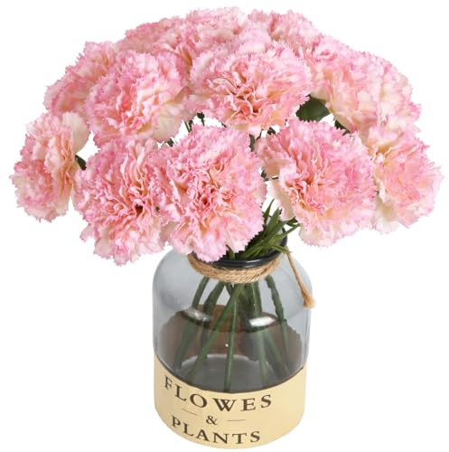 ICBOX Künstliche Nelken Blumen – 15 Stück rosa Seidenblumen mit Stielen für Heimdekoration, Hochzeit, Brautstrauß, Jahrestag, Geburtstag und Blumenarrangements