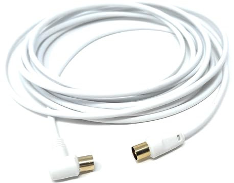 DRUT 5m TV Male to Male Plug Coaxial Cable RG6 Aerial Digital Antenna RF Fly Lead Cable Right Angle, White Gold 16.5ft