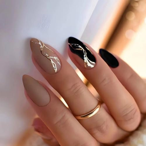 Mezrkuwr Lot de 24 faux ongles en acrylique en forme d'amande à presser - Noir mat - Avec bandes dorées et paillettes - Pour manucure