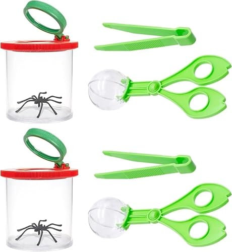 AMJKEJI Forscherset für Kinder, 6 Stück Lupendosen Becherlupe, Becherlupen Kinder Set mit 3/6x Lupe, Pinzette, Insektenfänger Scheren, Geschenk für Kinder Geburtztag Schulbildung