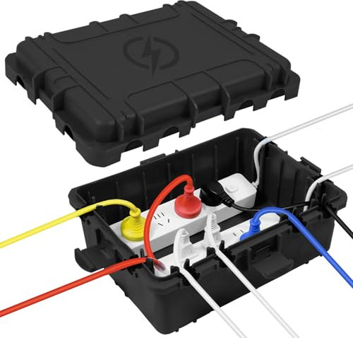 OUTDSPLY Große wasserdichte Kabelbox für den Außenbereich, wetterfeste Außensteckdose, IP54-geschützte Steckdosenleiste, Timer-Steckdose, Außenstecker, Verlängerungskabel (31 x 23 x 13 cm) - Schwarz