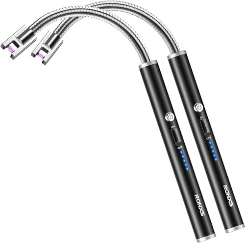 RONXS Electric Lighter, Candle Lighter Electric USB Rechargeable Lighters with Battery Display, Longer Flexible Neck Windproof Plasma Arc Long Lighters for Candles Fireworks BBQ(Black&Black)