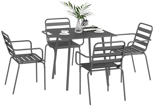Outsunny Salon de Jardin extérieur Ensemble Salle à Manger de Jardin 5 pièces avec 1 Table et 4 chaises empilables en Acier Gris