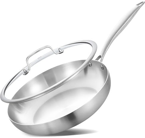 Inqibee 22 CM Tri-Ply Stainless Steel Frying Pan with Lid,Riveted Ergonomic Handle,Compatible with Induction Stove,Even Heating and Oven Safe