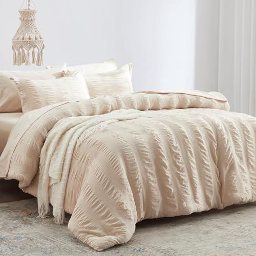 Tospass Seersucker Bettwäsche 135x200 4 Teilig Geprägt Gestreift Streifen Beige Creme Bettwaren-Sets Weiche Bettbezug Gebürstet Mikrofaser 2 Deckenbezug mit Reißverschluss 2 Kissenbezug 80x80cm