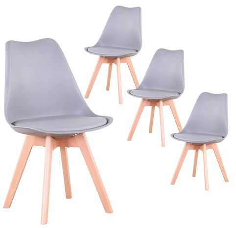 TTATC Lot de 4 Chaises de Salle à Manger avec Pieds en Bois de Hêtre Massif, Chaises de Cuisine au Design Rétro, Chaises de Bureau en Bois avec Siège Rembourré, Gris