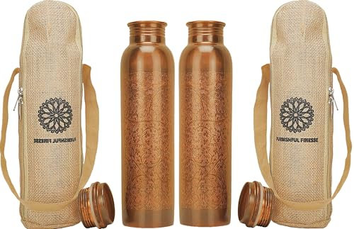 Lot de 2 bouteilles d'eau en cuivre pur de 1000 ml avec avantages ayurvédiques - Avec sac de transport pour boire, couvercle anti-fuite - Grand récipient en cuivre fabriqué à la main pour salle de