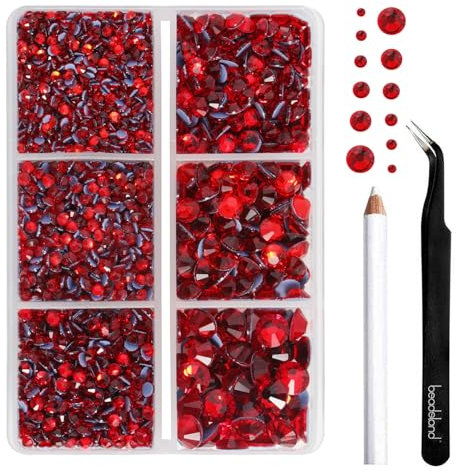 BEADSLAND Strass Hotfix,4000 PCS Strass Rouge Thermocollant pour Vetement Mixte 6 Tailles avec Crayon de Cire et Kit Pince à Épiler,SS6-SS30,Siam Clair