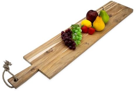 Spetebo Tabla de servir XXL de teca con asa – 100 x 20 cm – Bandeja de madera apta para alimentos – Antipasti – Tabla de madera para aperitivos de queso embutidos