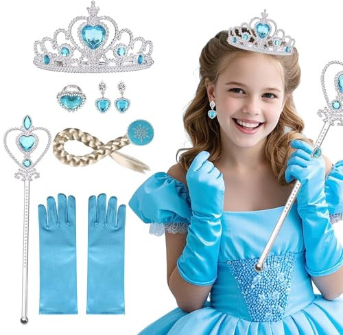 Axvxby Eisprinzessin Blaues Kleid Zubehör - Eisprinzessin Krone, Handschuhe, geflochtene Tiara, Zauberstab, Ohrringe und Ringe - Für Mädchen, für Karneval, Party, Geburtstag