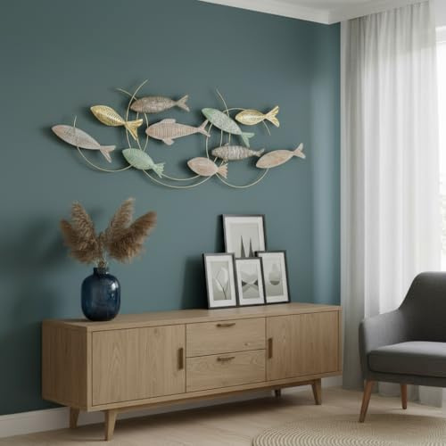 MF Wanddeko Ocean Drift Fische Metall Wandobjekt Maritim Handgemalt 125cm