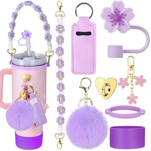 8 PCS Stanley Cup Accessories Set Stanley Water Bottle Decoration Including Straw Cover Water Bottle Flower Handle Sakura Strap Hairball Keychain for Stanley 30oz 40oz (Purple)