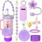 8 PCS Stanley Cup Accessories Set Stanley Water Bottle Decoration Including Straw Cover Water Bottle Flower Handle Sakura Strap Hairball Keychain for Stanley 30oz 40oz (Purple)