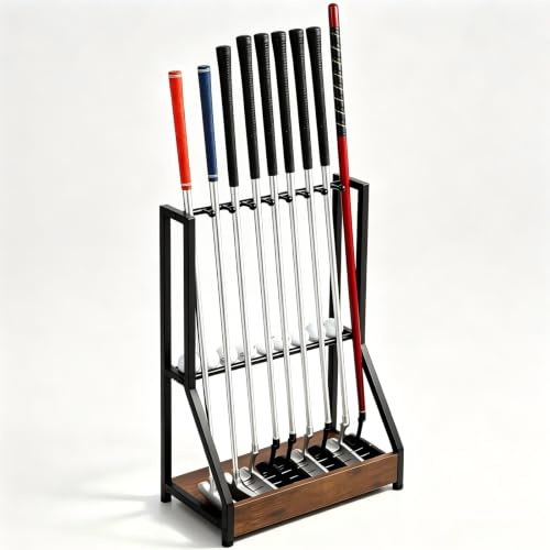 Golf Club Holder for 9 Clubs & 9 Balls, Solid Wood & Iron Golf Organizer | Holds 9 Clubs & 9 Balls, Golf Club Rack Suitable for Golf Simulators, Office, Home