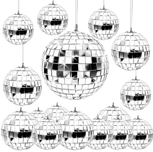 GREOHNMPAW 24 Stück -Diskokugeln zum Aufhängen, Glas-Diskokugel-, Silberne Disco-Dekorationen, Discokugel-Ornament mit Seil