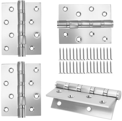 SENJEOK 4 Stück 10,2 cm Edelstahl-Türscharniere, 100 x 75 mm, silberfarbene Kugellager-Scharniere mit Schraube für Innentür, Holztür, Fenster