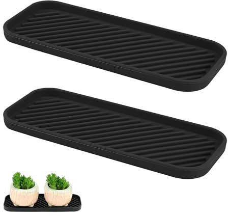 2 Pcs Silicone Sink Organiser,Kitchen Sink Tray, Non-Slip Soap Holder for Sponges, Detergent, Brushes, Potted Plants, Heat-Resistant Tray for Kitchen, Bathroom, Office, Dishwasher Safe (Black)