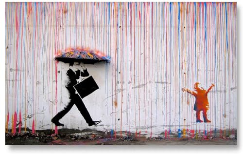 Banksy Bilder auf Leinwand Colored Rain Graffiti Street Art XXL Wand Bild Pop Art Gemälde Kunstdruck Modern Wandbilder Wanddekoration für Wohnzimmer Schlafzimmer (Rahmenlos, 120x70 cm)
