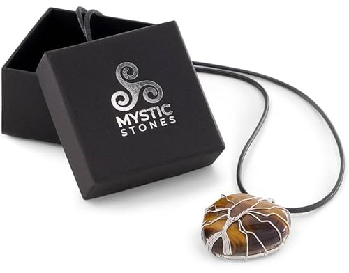 Essenciales Colgante Ojo de Tigre Corazón Mystic Stones | Hecho a Mano con Alambre | Amuleto Leo y Géminis | Cordón Negro Ajustable | Energía Positiva y Protección