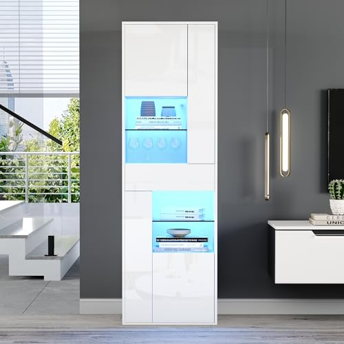 Kebnor Verkaufsvitrine, Hochschrank mit 1 Schublade und 4 Schränken,Glasvitrine Vitrinenschränke mit led Beleuchtung, Vitrinen Mit Hochglanz-Design,Wohnzimmerschränke, Vitrinen, Schaukästen (Weiß)
