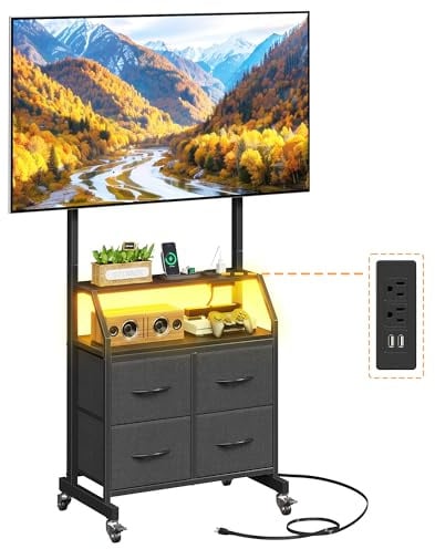 OYRREU LED TV Stand on Wheels with Mount and Outlets, 4 Drawers, Black