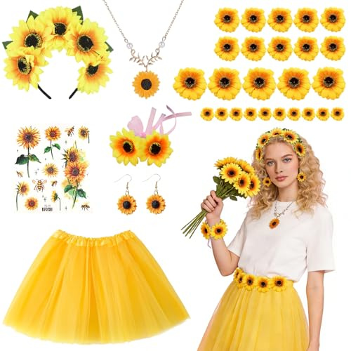 Sonnenblumen Kostüm Damen,Haarband Sonnenblumen,Sonnenblumens Kostüm Accessoires Set,Faschingskostüme Damen,Gelb Tüllrock,Sonnenblume Haarschmuck Stirnband,für Karneval,Fasching,Mottoparty,Halloween