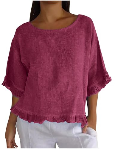 Chemise Lin Manches 3/4 Femme Chemisette Décontracté Chemises Leger Vêtements Fin Cut Vetement Ete Habit Élégante Haut Chic Chemisiers et Blouses Respirant Chemisier