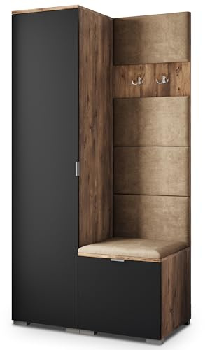 Masseno Flugarderoben Set Lori, Kleiderschrank-Set mit Sitzbank, Garderobenschrank Flur mit 3 Regalböden, Eiche Lefkas/Schwarz